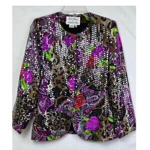 Rickie Freeman For Teri Jones Nites Women's 8 Tan/Purple 100% Silk Sequin Jacket